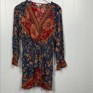 Umgee Womens Tier Mini Dress M Blue Orange Red Floral Long Sleeves Bell Cuff EUC